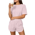 thumbnail image 3 of Women Pajama Set Solid Hollow Breathable Split Hem Short Sleeve Top with Casual Shorts Outfit, 3 of 5