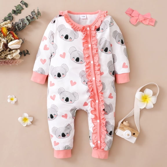 PatPat Baby Girls Bodysuits Outfits, Infant Clothes 2pcs All Over Cartoon Koala Print White Long-sleeve Ruffle Snap-up Baby Jumpsuit Set