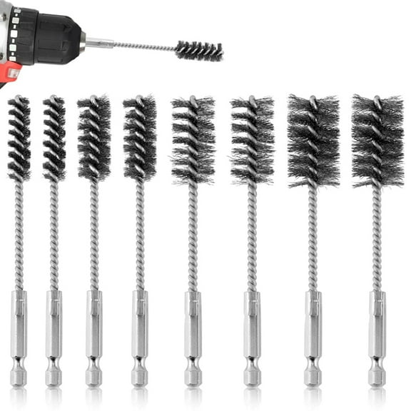 8pcs Bore Brush, Stainless Steel Wire Brush Drill Attachments with 1/4 Inch Hex Shank Twisted Wire Cleaning Tools