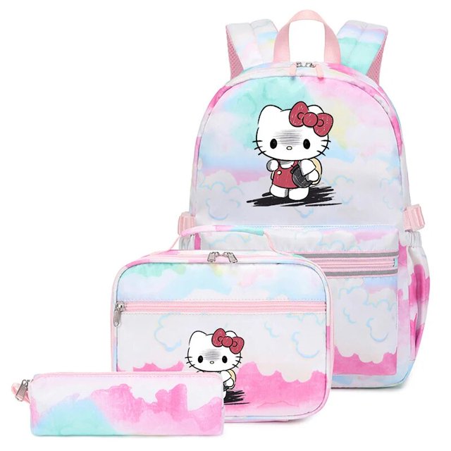 Sanrio-mochila de Hello Kitty para niños y niñas, morral escolar de colores con bolsa de almuerzo para estudiantes, mochila de viaje, 3 unidades por juego