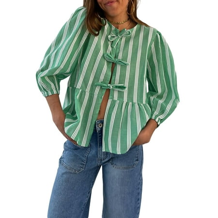 ZIYIXIN Y2k Peplum Shirt Puff Sleeve Tie Front Ruffle Hem Blouse Teen Girls Lace up Cute Babydoll Shirt Y2k Tops