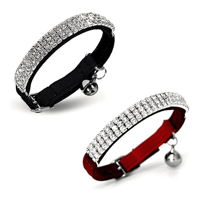 Collar ajustable de terciopelo suave para gatos con cascabeles, 30 cm para perros y gatos pequeños, collar para gatos con diamante, artículos para mascotas (perros y gatos pequeños, paquete de 2, n.°