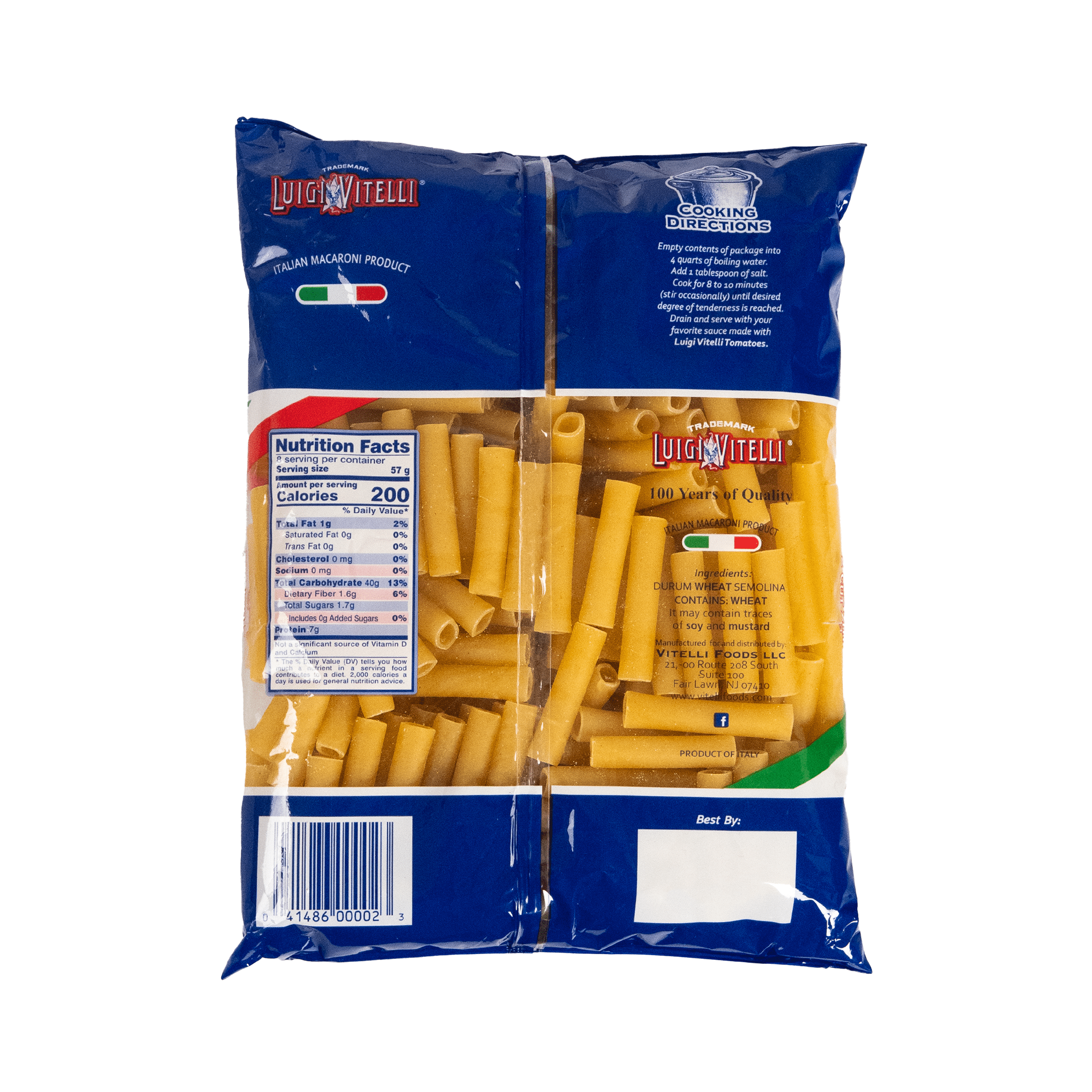(3 pack) Luigi Vitelli Cut Ziti Pasta, 100% Durum Wheat Semolia, 16oz, Shelf Stable, Egg Free, Plastic Bag