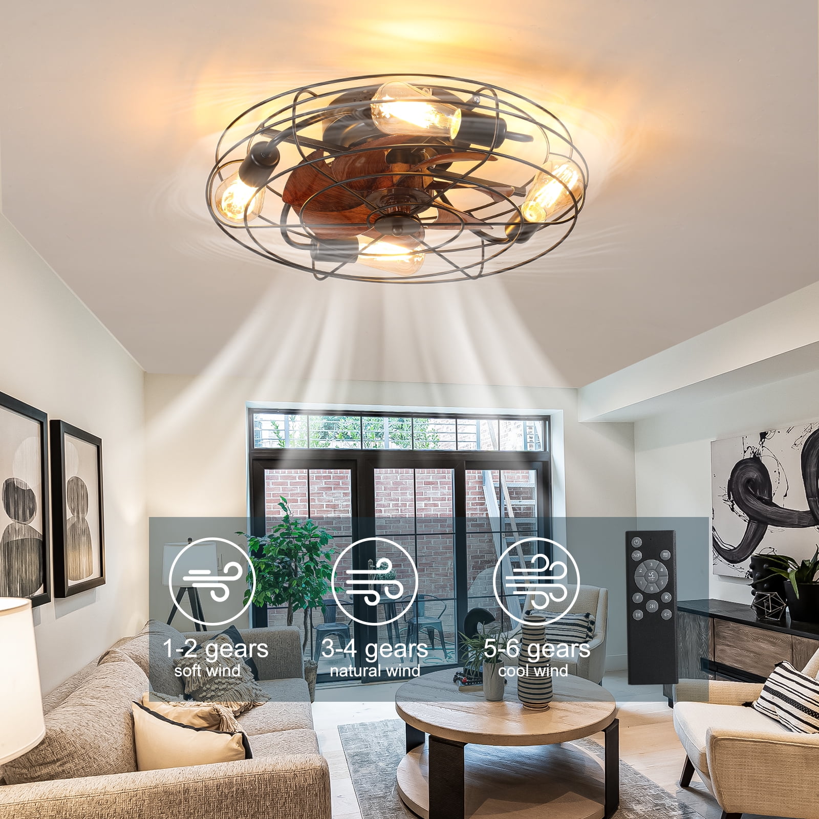 Aukfa 20" Caged Ceiling Fan with Lights and Remote, 6-Speeds Bladeless Enclosed Fan for Bedroom, Kitchen, Farmhouse