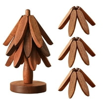 Walnut Wood Tree Trivet Set, Natural Tree Trivet Set - 3 Wooden Trivets & 1 Stand Like a Christmas, Foldable Kitchen Wooden,for Hotdishes Pot Bowl Teapot Hot Pot Holder (Brown)