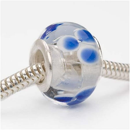 Italian Murano Glass Flower - Murano Style Glass Lampwork European Style Large Hole Bead - Clear With Blue Flower 14mm (1)