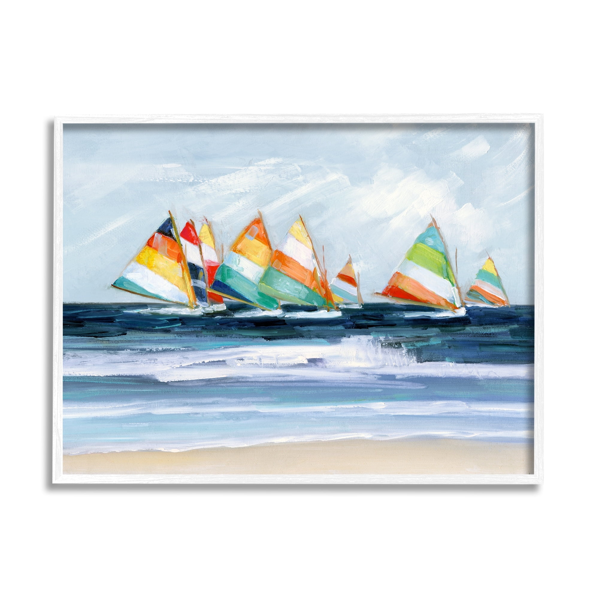 Stupell Industries Shoreline Sailboat Race Striped Sails Coastal Painting, 20 x 16, Design by Sally Swatland