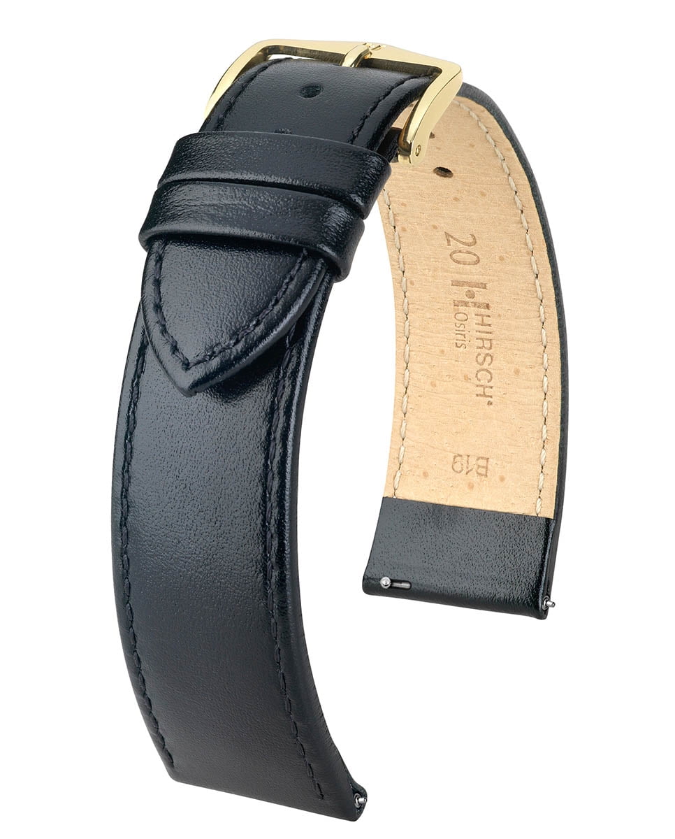 Hirsch Osiris Leather Watch Strap Polished Black L 17mm / 16mm Shiny Gold Buckle Calf