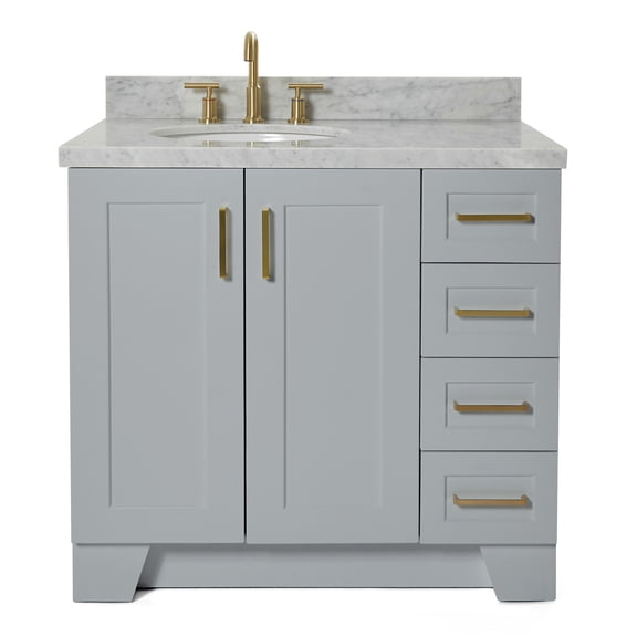Ariel Taylor 37 In. Left Offset Oval Sink Vanity With Carrara White Marble Countertop In Grey