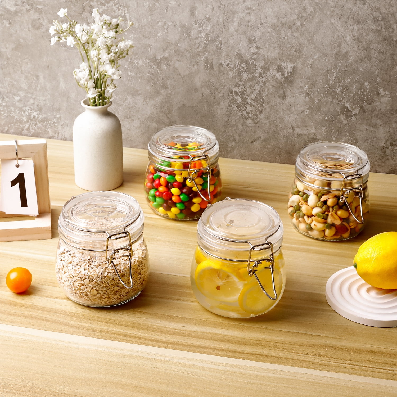 FOUKUS Glass Jars with Airtight Lid 6 Pack: 17oz Food Storage Containers with Lids, Clear Round Canisters, Spice Jars with Clamp for Sugar, Coffee, Pasta, Beans, Cereal, Pantry Organization