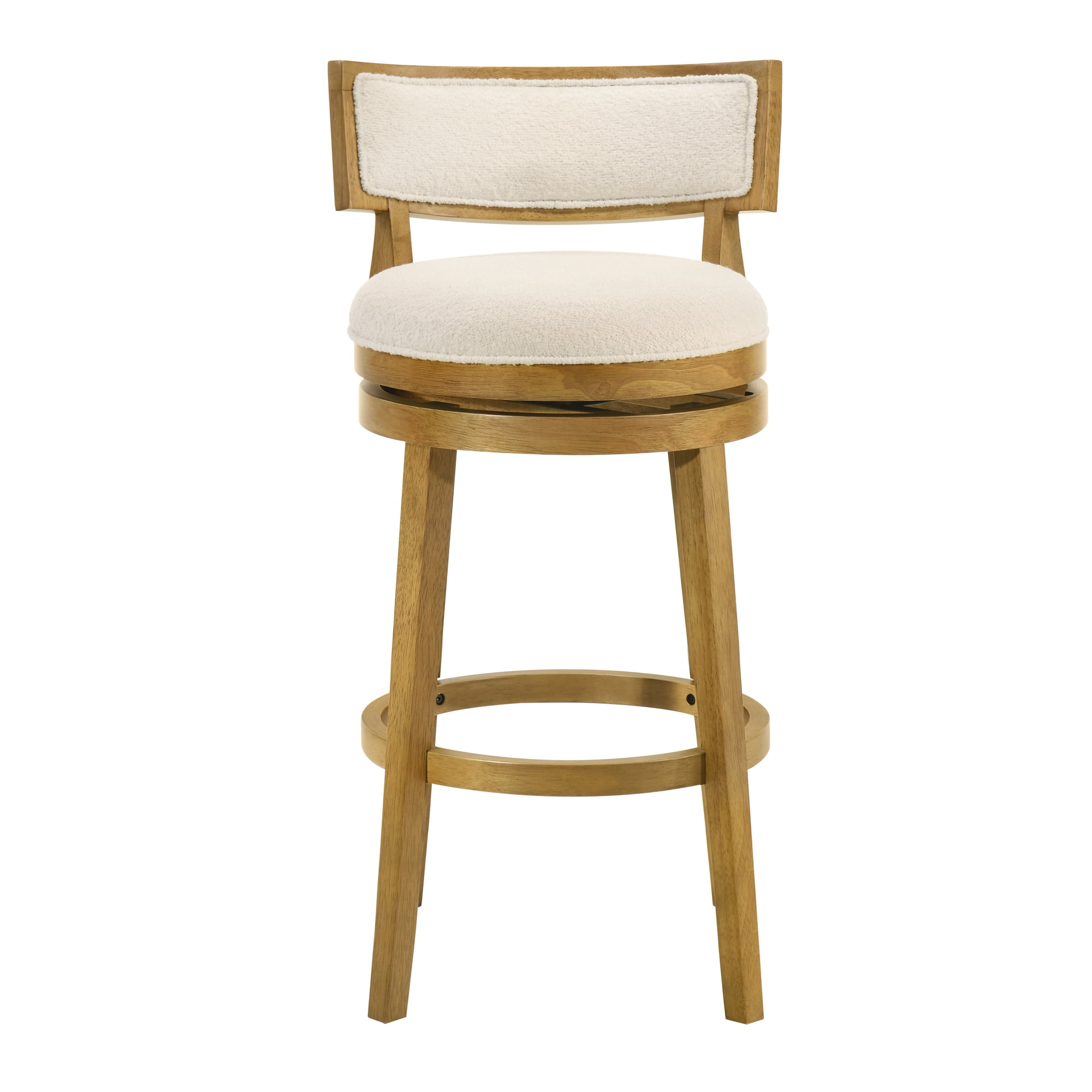 Noely Modern Farmhouse Swivel Wood Bar Height Kitchen Bar Stool in Amber Glow Finish with White Boucle Fabric Upholstered Seat - Set of 2