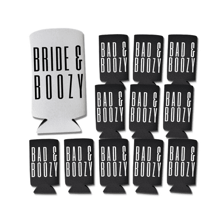 

Bad and Boozy Bride & Boozy Bachelorette Party Slim Spiked Seltzer Coolers Wedding Slim Coolers Wedding Coolies Bachelorette Party Gifts (12-Pack 1 White & 11 Black)