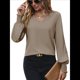 thumbnail image 3 of Camisa Informal Sencilla de Larga con Cuello en V para Mujer, Color Liso, Plisada, con Mangas Farol Caqui M, 3 of 10