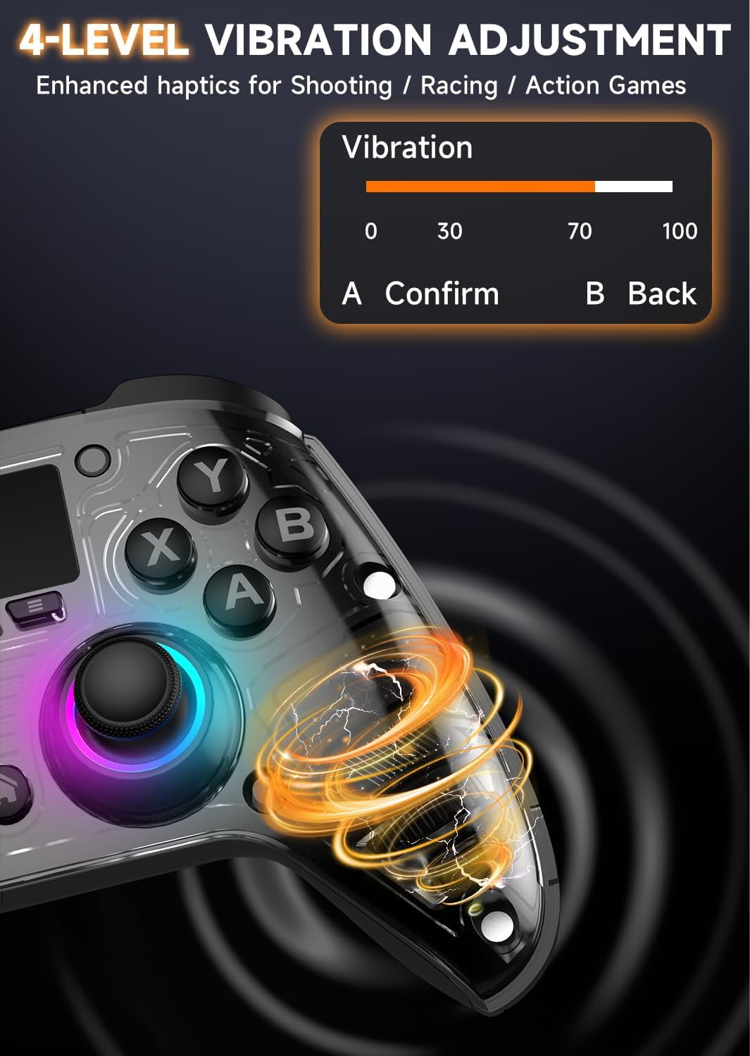 AOC Wireless Gaming Controller for PC, Steam, PS4, iOS, Android, Interactive Screen, Hall Effect Joystick and Triggers, RGB Lighting, Adjustable Vibration/Turbo, Black(Not for Xbox, PS5)