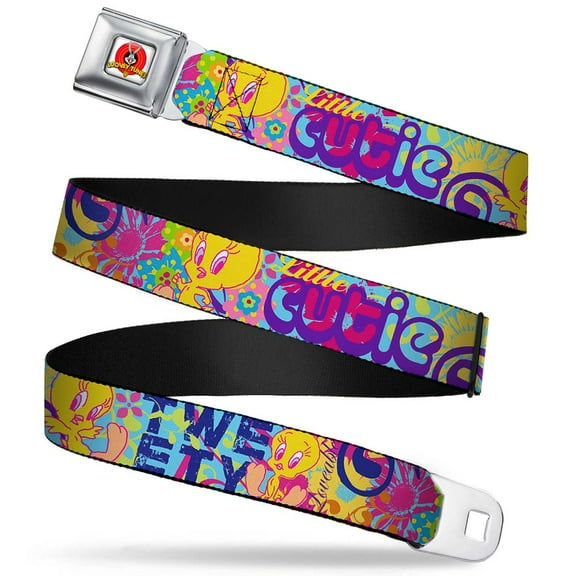 Looney Tunes Belt, Seatbelt Buckle Belt, Tweety Bird Poses Little Cutie Loveable Blue Multi Color, Youth 22 to 32 Inches