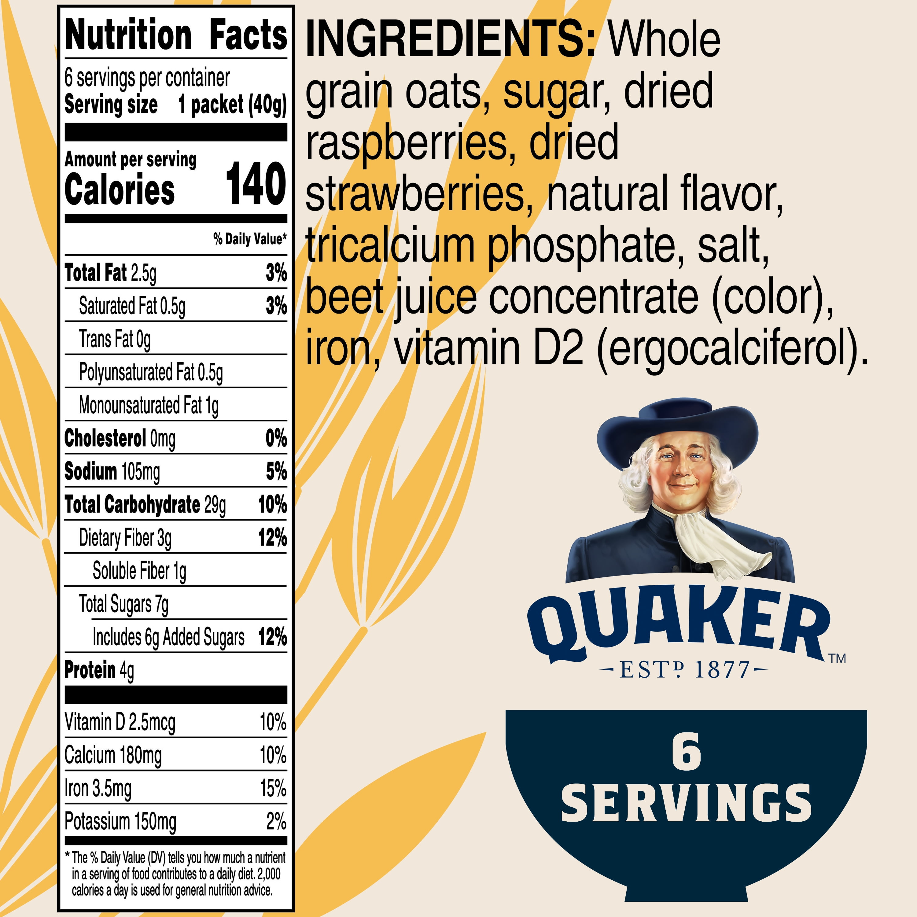 (3 pack) Quaker Instant Oatmeal, Fruit Fusion Raspberry Strawberry, 8.4 oz, 6 Packets