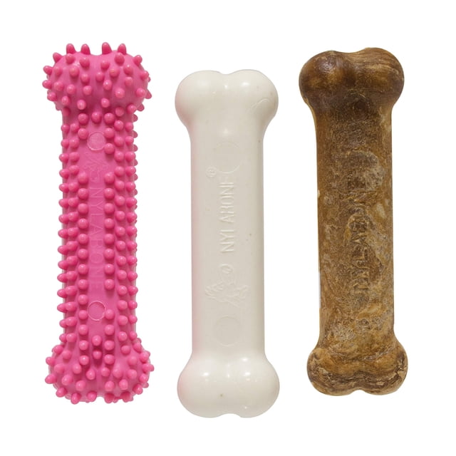 Nylabone Puppy Triple Pack – Juguete De Dentición Para Cachorros De Nailon Rosa Y Paquete Variado De Golosinas Para Masticar – Suministros Para Cachorros – Sabores De Pollo Y Tocino Pequeño/Regular (3