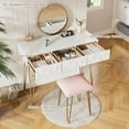 thumbnail image 2 of Large Vanity Desk with Mirror, 47.24" White and Gold Makeup Vanity Table with 3 Drawers and Pink Stool, Modern Dressing Table for Women, Bedroom, 2 of 15