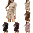 thumbnail image 6 of Womens Short Dress Knit Ruched Long Sleeve Ruffle Bodycon Dress Club Party, 6 of 13