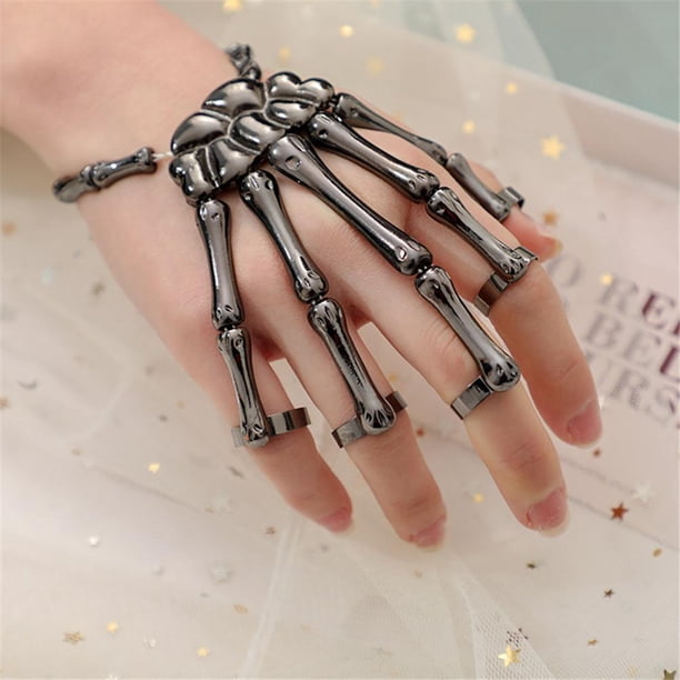 XUSIOAKKM Guante de mano de esqueleto de metal para Halloween, estilo exagerado único de calavera, dedo, mano, hueso, pulsera punk de Halloween, gótica, garra de fantasma, adornos de joyería para