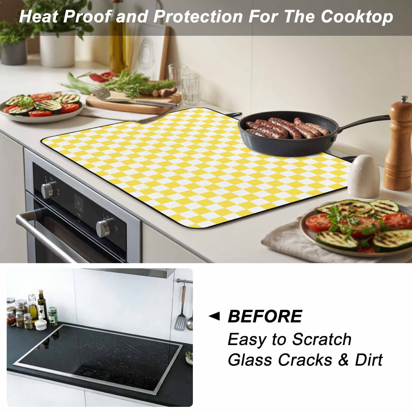 Yellow White Plaid Stove Top Cover for Electric Stove, Heat-proof & Non Slip Glass Top Stove Cover Protector, Modern Retro Geometric Checkered Kitchen Flat Cooktop Rubber Mat 31x24 Inches