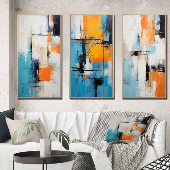 Designart "Cubist Explorations Deconstructed Minimalism I" Abstract Painting Framed Wall Art Set Of 3 - Blue Modern Frame Gallery Wall Set For Home Decor