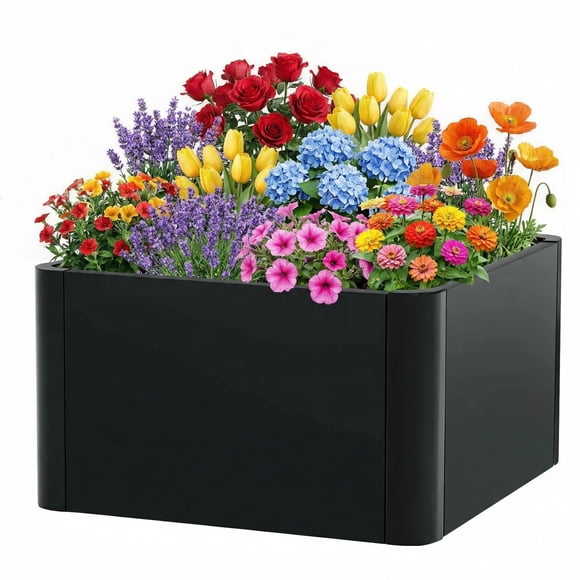 Garvee 21"x21"x12" Square Metal Planter, Outdoor Planters Box with Drainage Holes and Base, Black