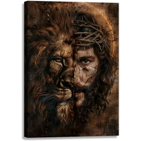 RAYZEL Jesus Wall Art Lion And Jesus Picture Canvas Print Vintage Jesus Poster Jesus Christian Painting Religious Wall Decor for Bedroom Living Room Decor(Art-2) Frame: 11x14in