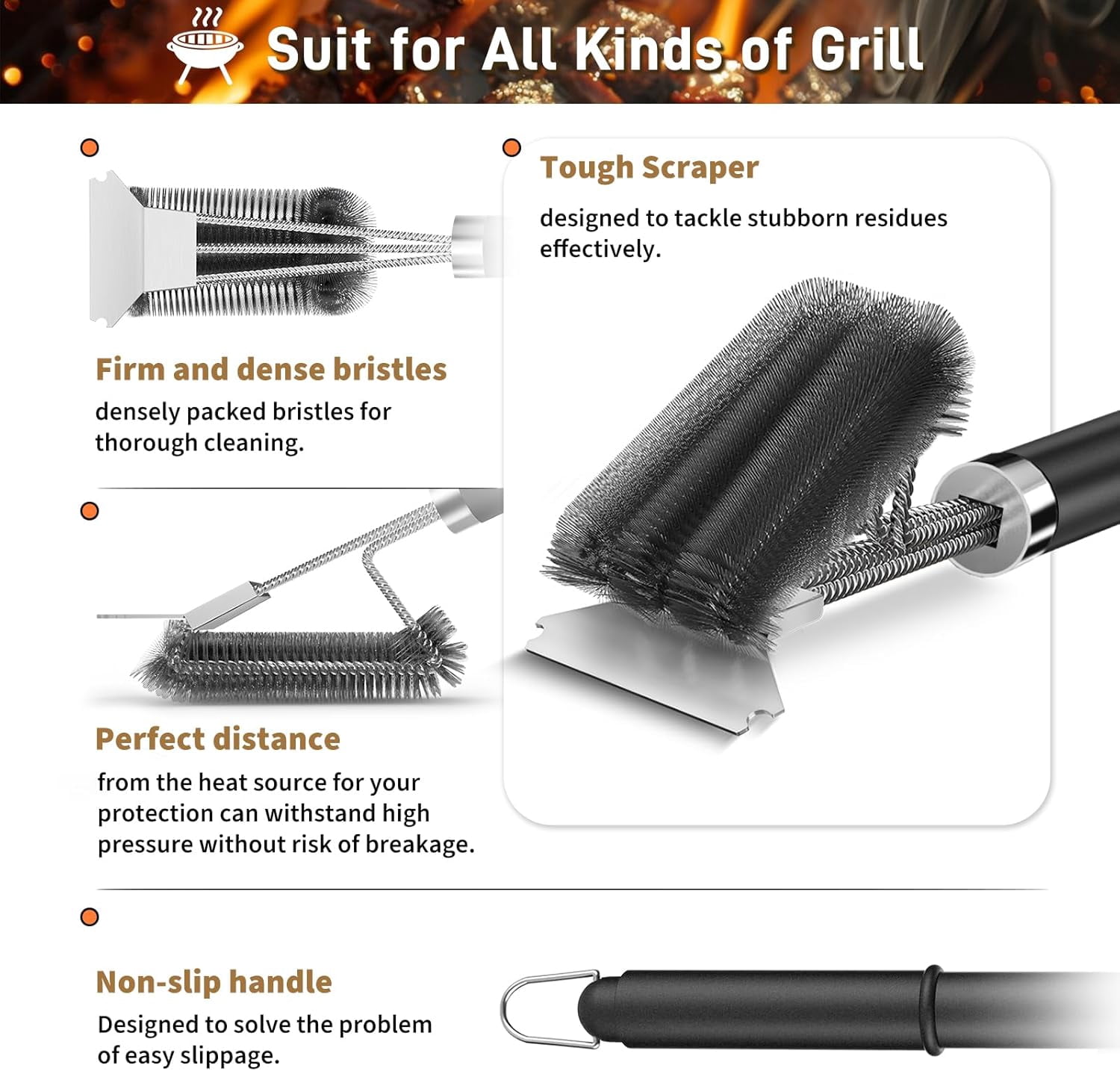 Grill Brush with Scraper, Adjustable Handle BBQ Grill Brush for Outdoor Grill, Extra Strong Cleaner Accessories for Grill, Smoker, Gas and Charcoal Cleaning