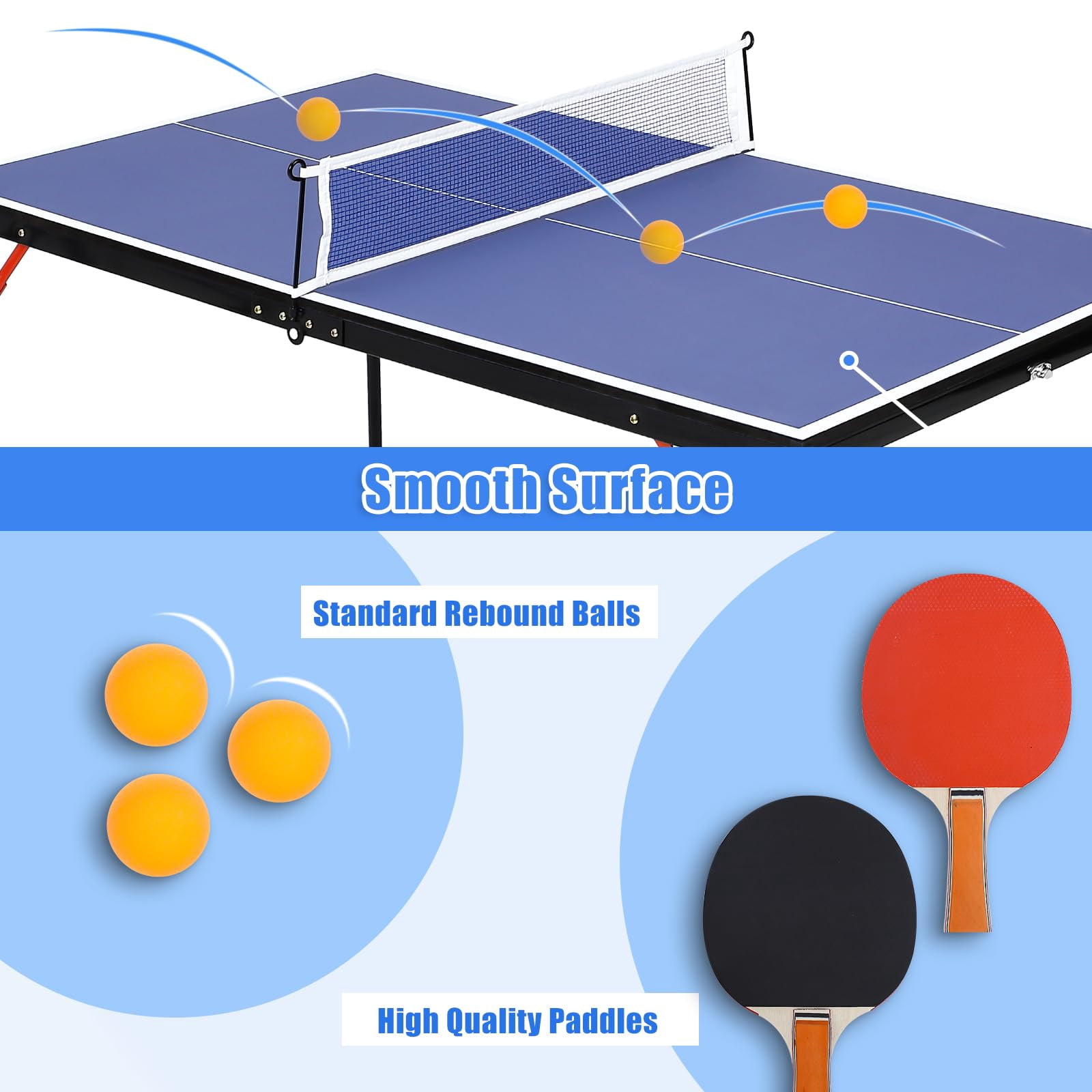 Portable Ping Pong Table, Foldable Table Tennis Table with Net & 2 Paddles & 3 Balls, Portable Ping Pong Family Game Tables for Outdoor Indoor, 54 x 30 x 27 inch, Blue