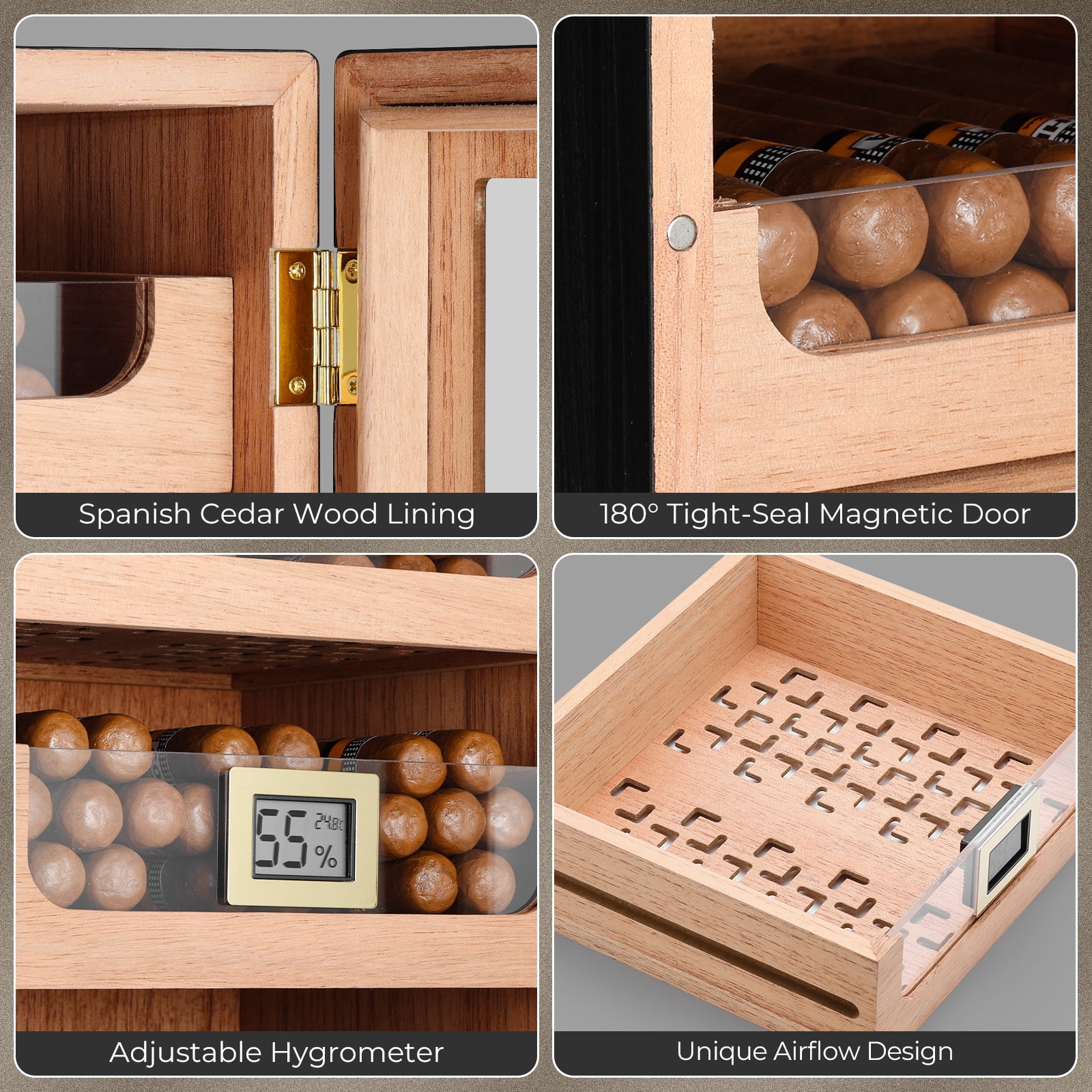 GLENCREAG MET-1031 Cigar Humidor Cabinet for 150 Cigars with Spanish Cedar Lining, Tight-Seal Magnetic Door, 3+1 Large Capacity Drawers, Gift for Cigar Aficionado (Ebony)