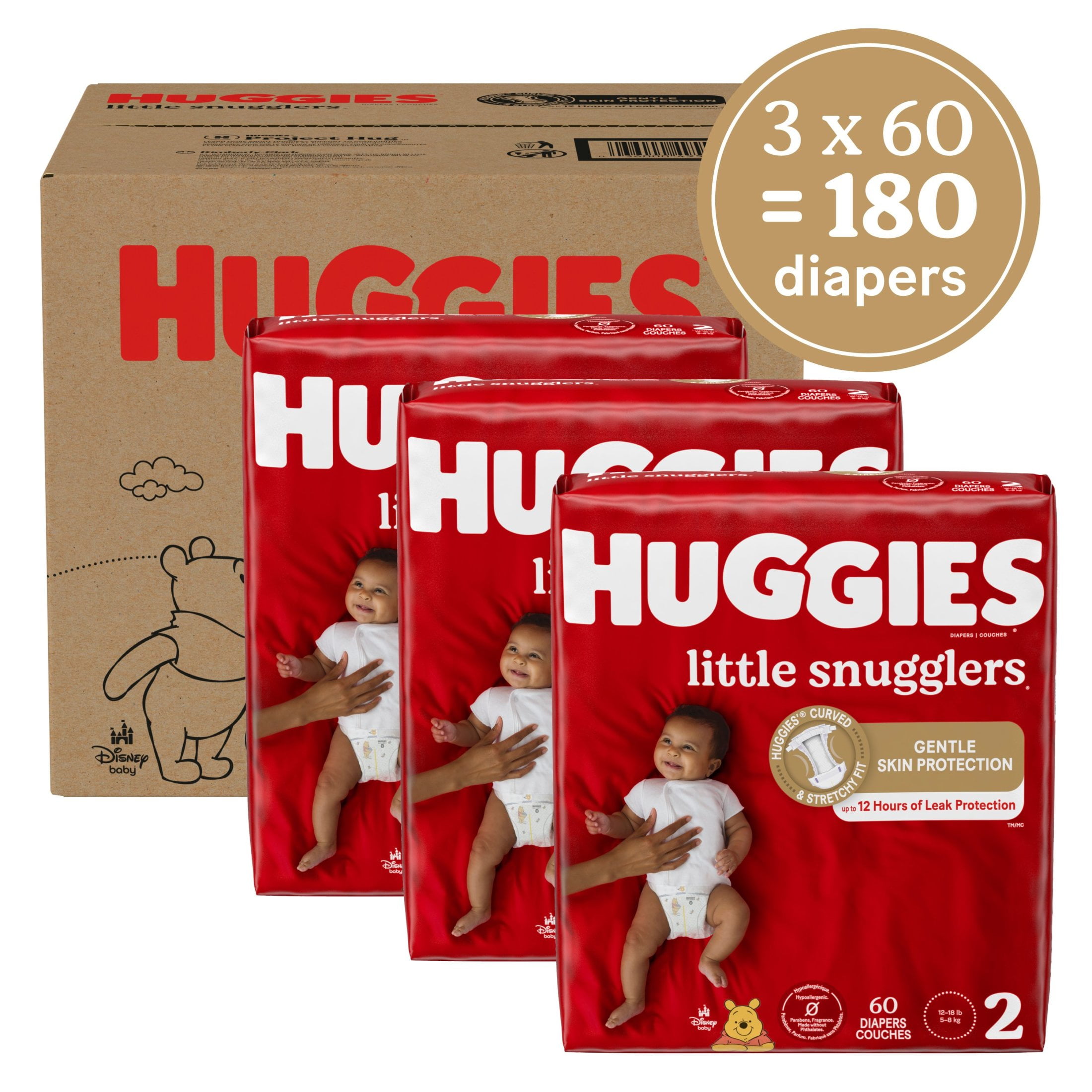 Huggies Little Snugglers Baby Diapers, Size 2 (12-18 Lbs), 180 Ct ...