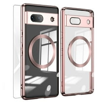 Allytech Magnetic Case for Google Pixel 7A, Google Pixel 7A Tempered Glass Screen Protector, With Camera Lens Protector Transparent Clear Shockproof Anti-Yellow Bumper Slim Cover Case - Rosegold