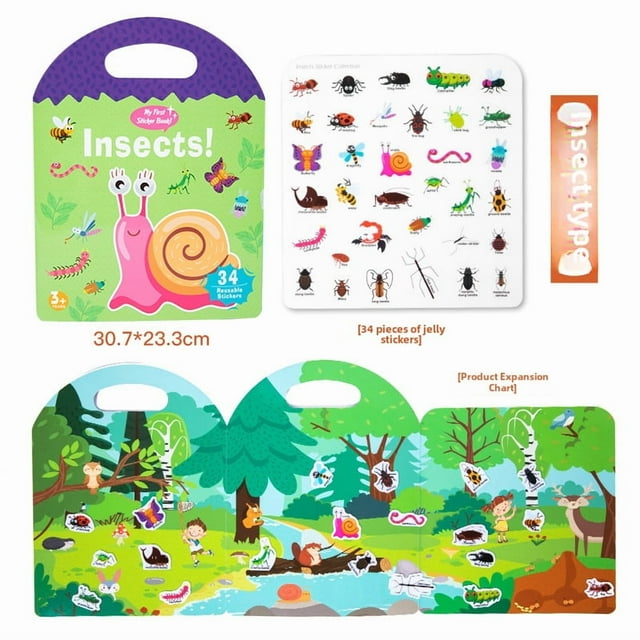 Insect Recognition Quiet Gel Sticker Book for Kids 4-6: Portable Wooden Educational Toy with Interactive Puzzles, Enhancing Cognitive Skills & Learning Engagement – Lightweight 0.13kg for Preschool &