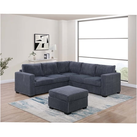 JERFIT Modern 4-Piece Dark Gray Corduroy Sectional Sofa Set with Ottoman, L-Shaped Plush Couch for Living Room