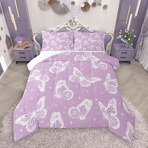 Manfei Purple White Butterfly Bedding Comforter Set 2pcs for Girls, Animal Theme Twin Comforter Sets, Cartoon Wildlife Bedding Set, Super Cozy Room Decor