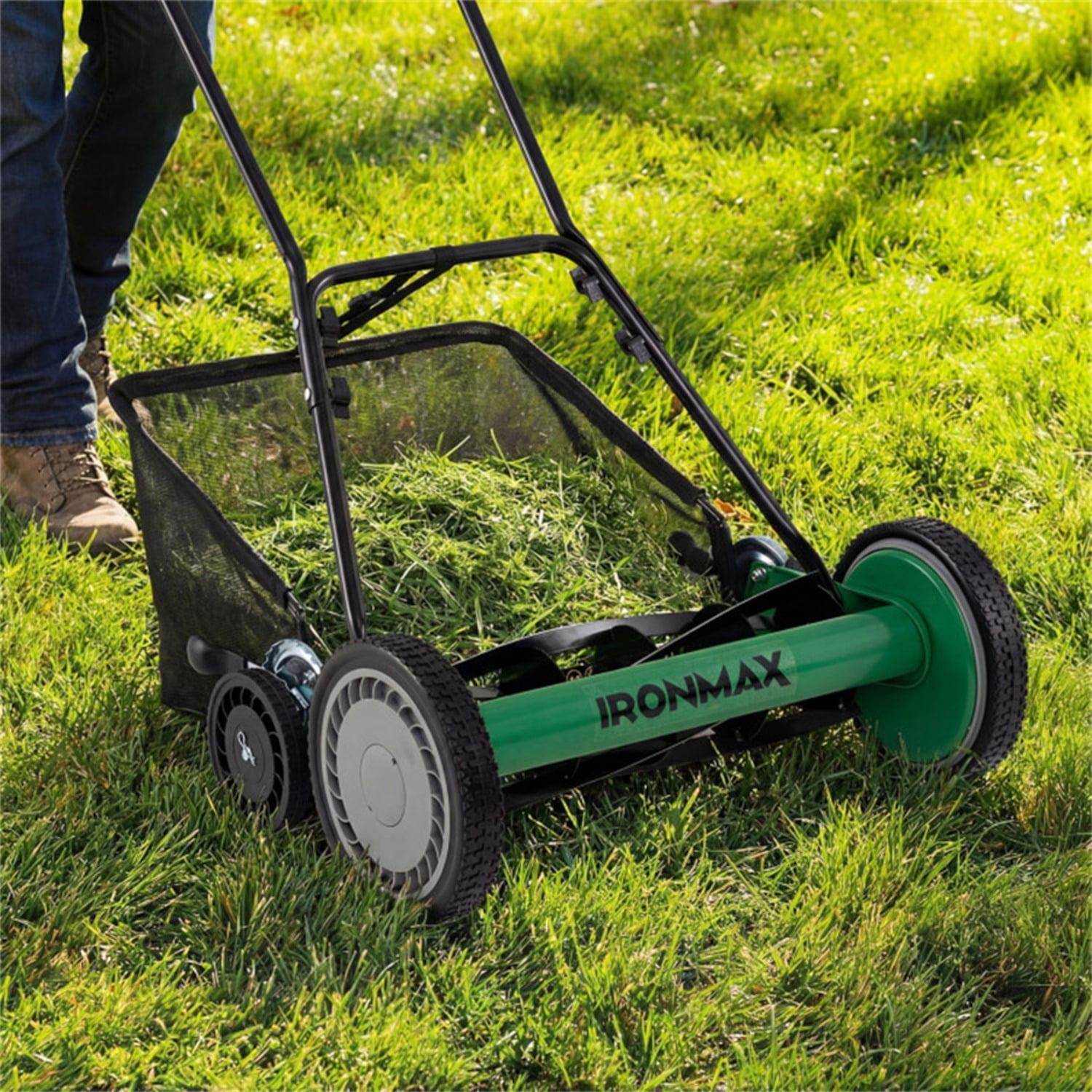 18-Inch 5-Blade Push Reel Lawn Mower with Grass Catcher, Manual Walk-Behind Mower with 4-Level Height Adjustment - Green