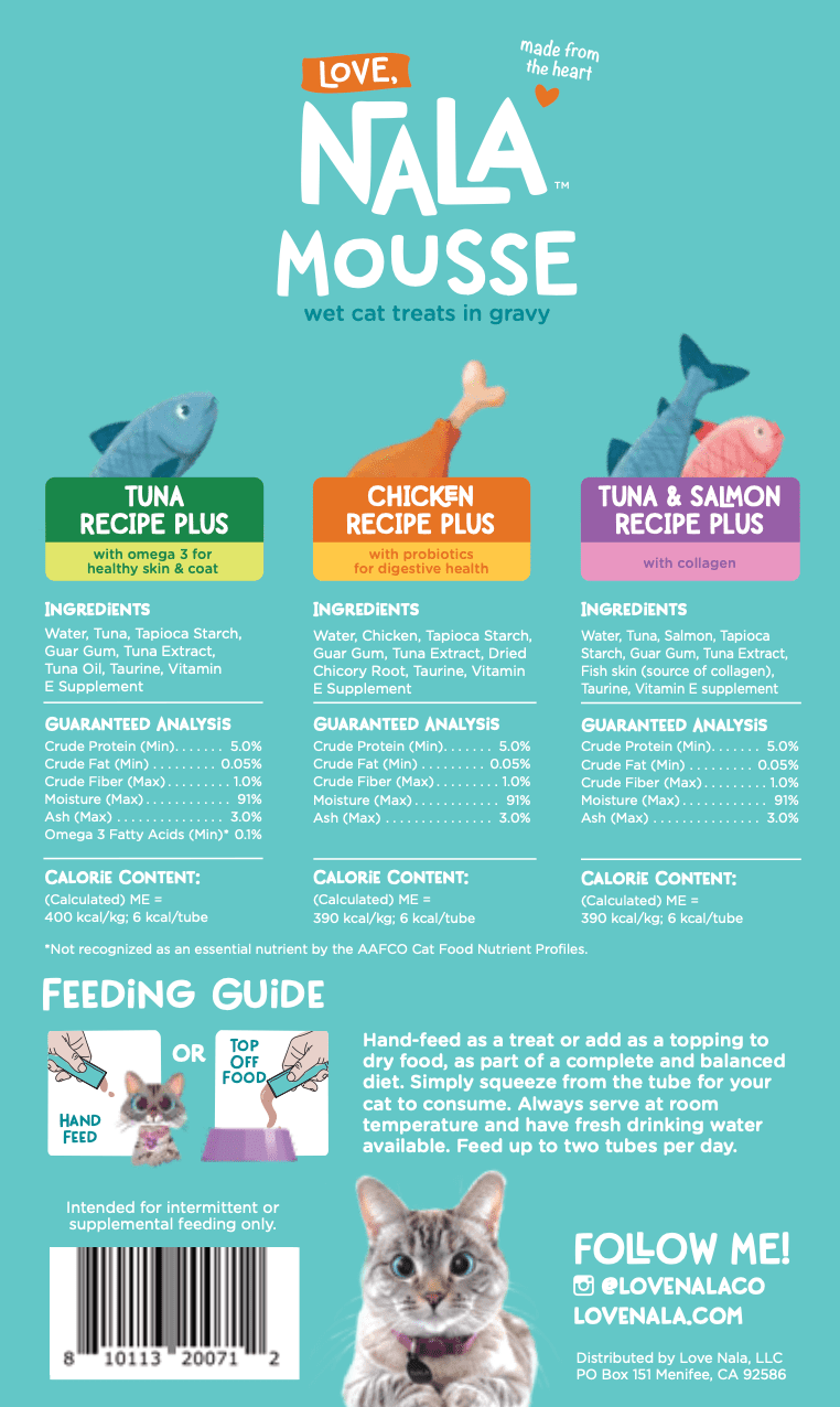 LOVE, NALA - Natural Lickable Cat Squeeze Up Treat,Topper - Variety Plus Pack Mousse - Wet Food Cat Puree - Grain Free, Fiber Blend, Minerals, Vitamins - 24 Pack