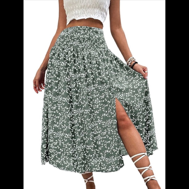 Faldas Largas Estampadas para Mujer, Cintura Alta, Abertura en Forma de A, Falda Larga Hasta el Suelo. Verde XL