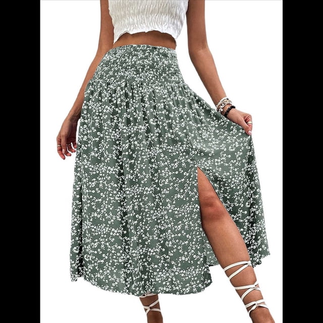 Faldas Largas Estampadas para Mujer, Cintura Alta, Abertura en Forma de A, Falda Larga Hasta el Suelo. Verde L