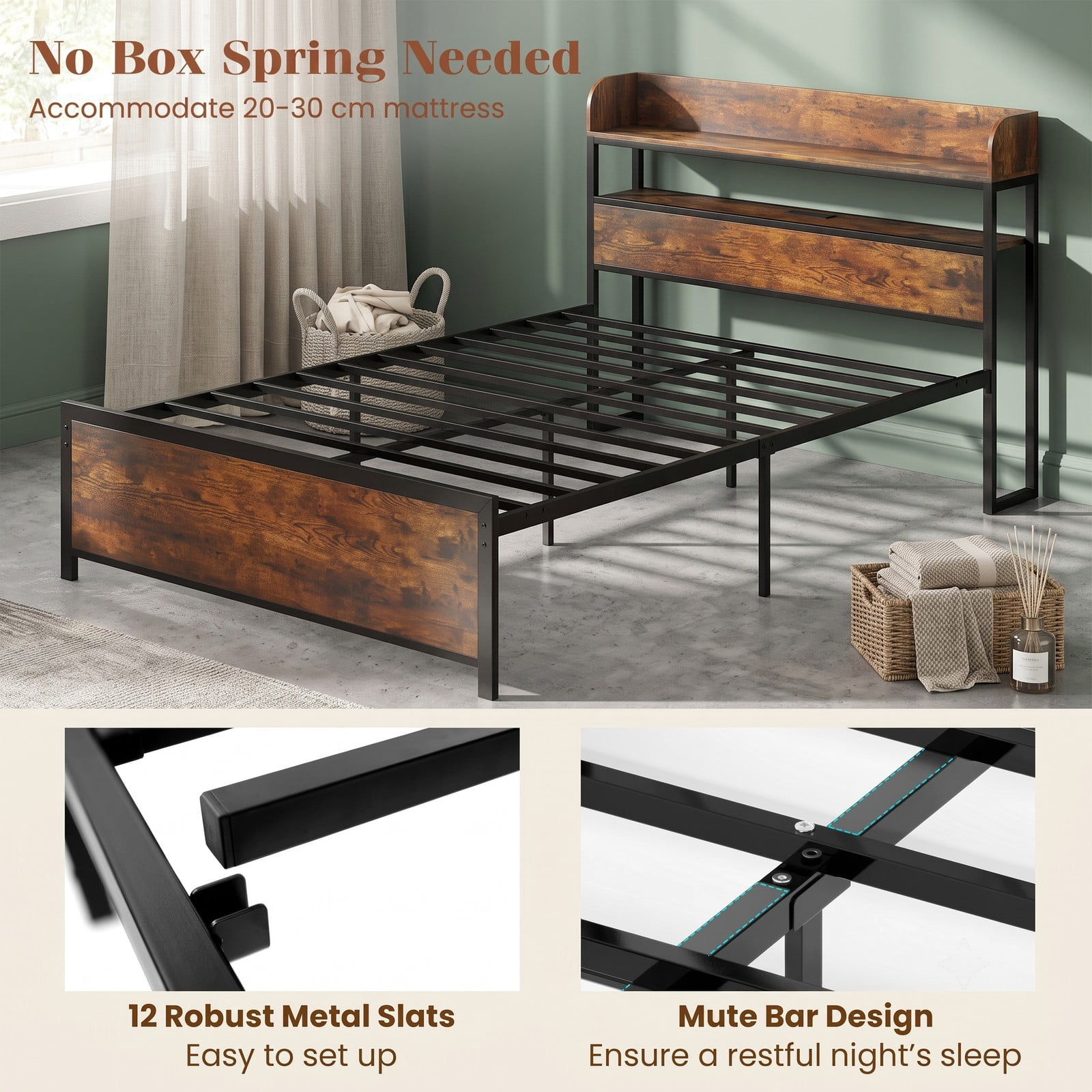Furnibear Full Size Bed Frame with Storage Headboard, LED Platform Bed Frame with Power Outlets and USB Ports, Rustic Brown