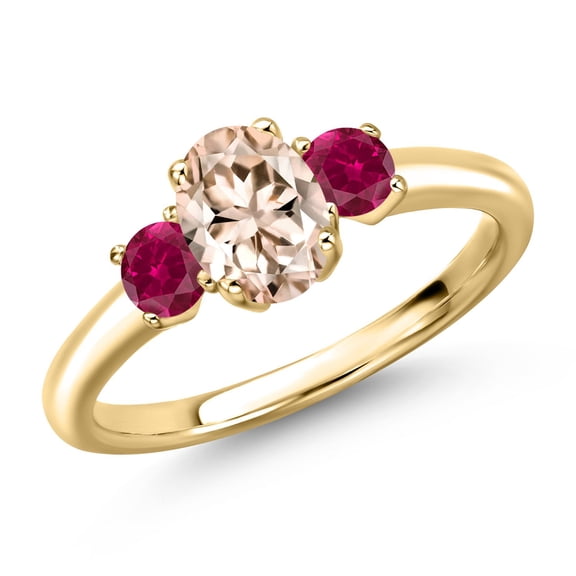 Gem Stone King 10K Yellow Gold Peach Morganite and Red Created Ruby Engagement Ring for Women | 1.15 Cttw | Oval 7X5MM | Gemstone October Birthstone | Size 7