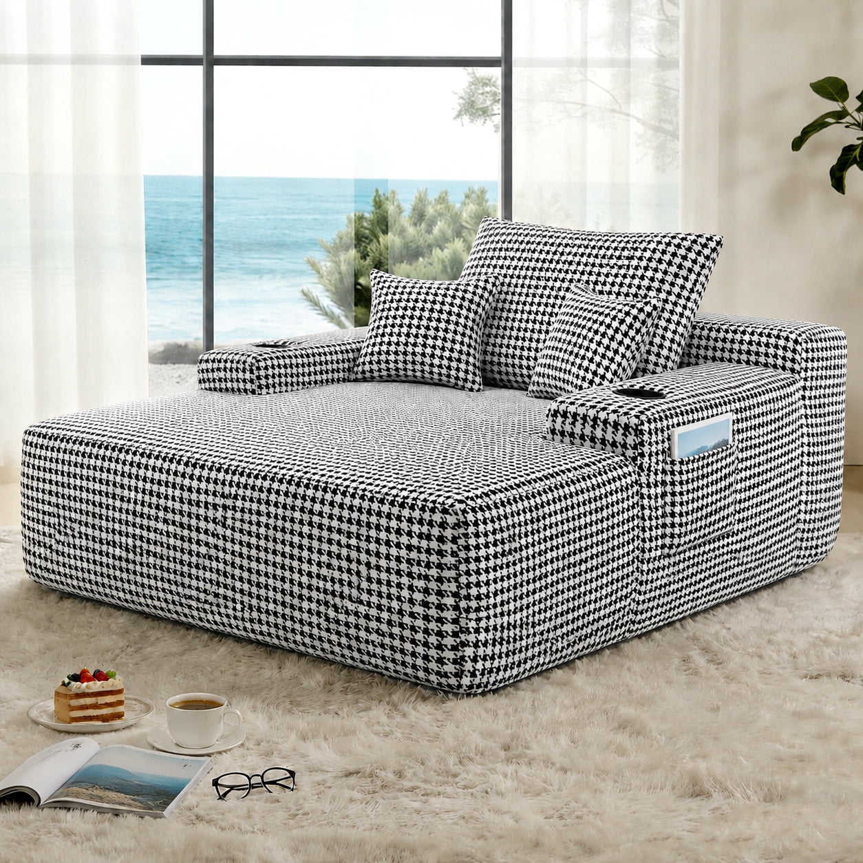 65" Oversized Chaise Lounge Chair with Wide Armrest & Throw Pillows,Corduroy Upholstered Boneless Sleeper Sofa Bed Armchair with Cup Holder for Living Room,No Assembly Required,Black White