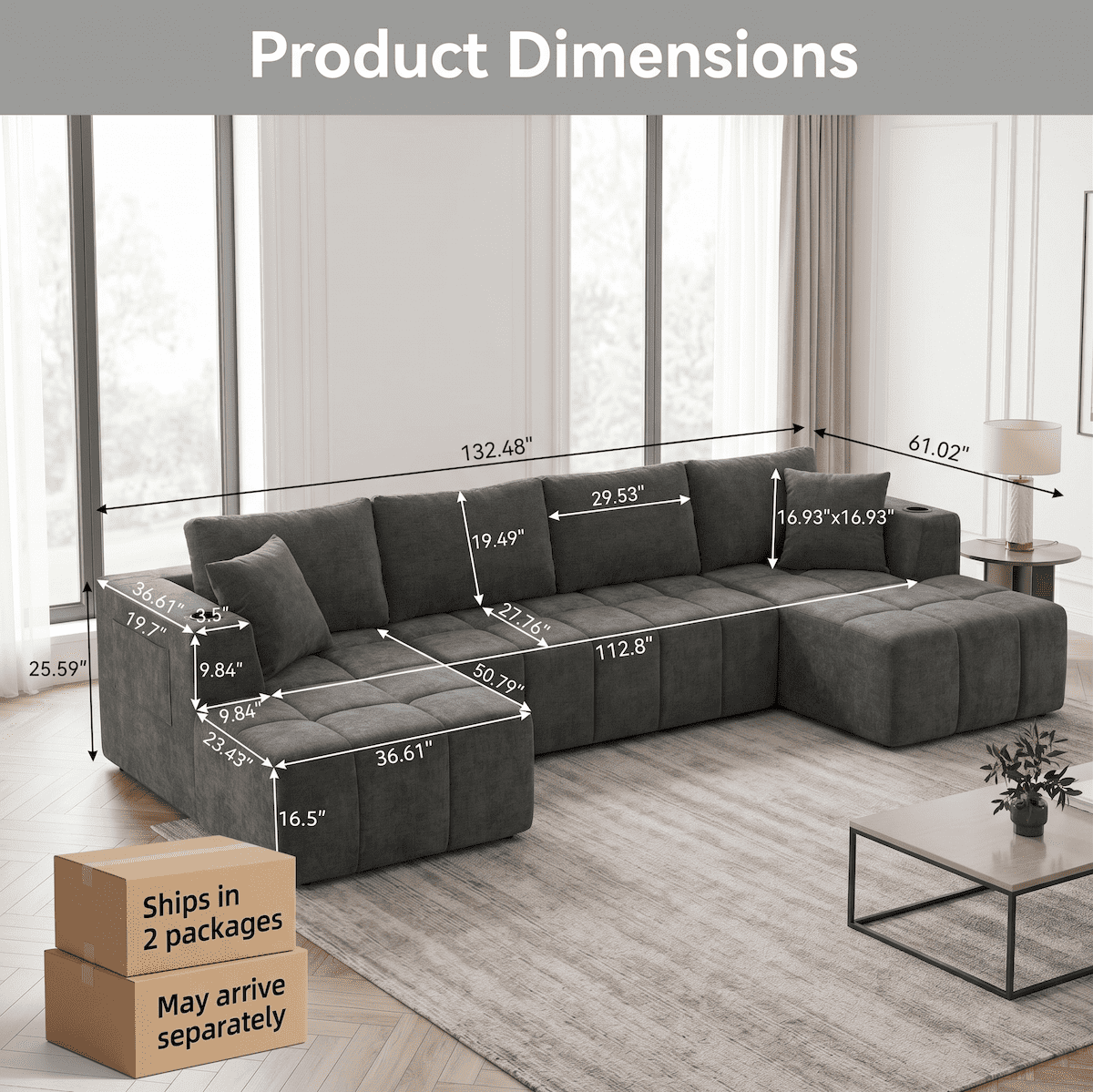 132" Modular Cloud Couch Sectional Sofa, U-Shaped Chenille Sectional with Double Chaise, Cup Holders & Side Pockets, Modern Oversized Sofa for Living Room, No Assembly, Gray