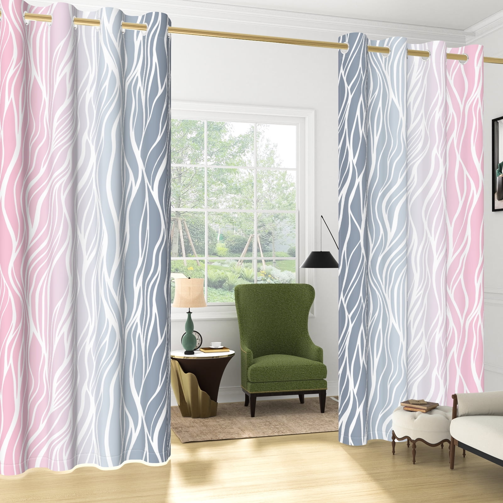 Nanqianyi Ombre Pink and Grey Blackout Curtains for Bedroom, White Wave Striped Gradient Thermal Insulated Drapes with Grommet, 2 Panels, 42x84 inches