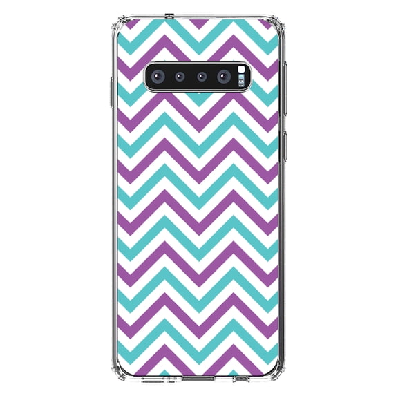 DistinctInk Clear Shockproof Hybrid Case for Samsung Galaxy S10 (6.1" Screen) - TPU Bumper, Acrylic Back, Tempered Glass Screen Protector - Purple Teal Stripes - Stripes Pattern