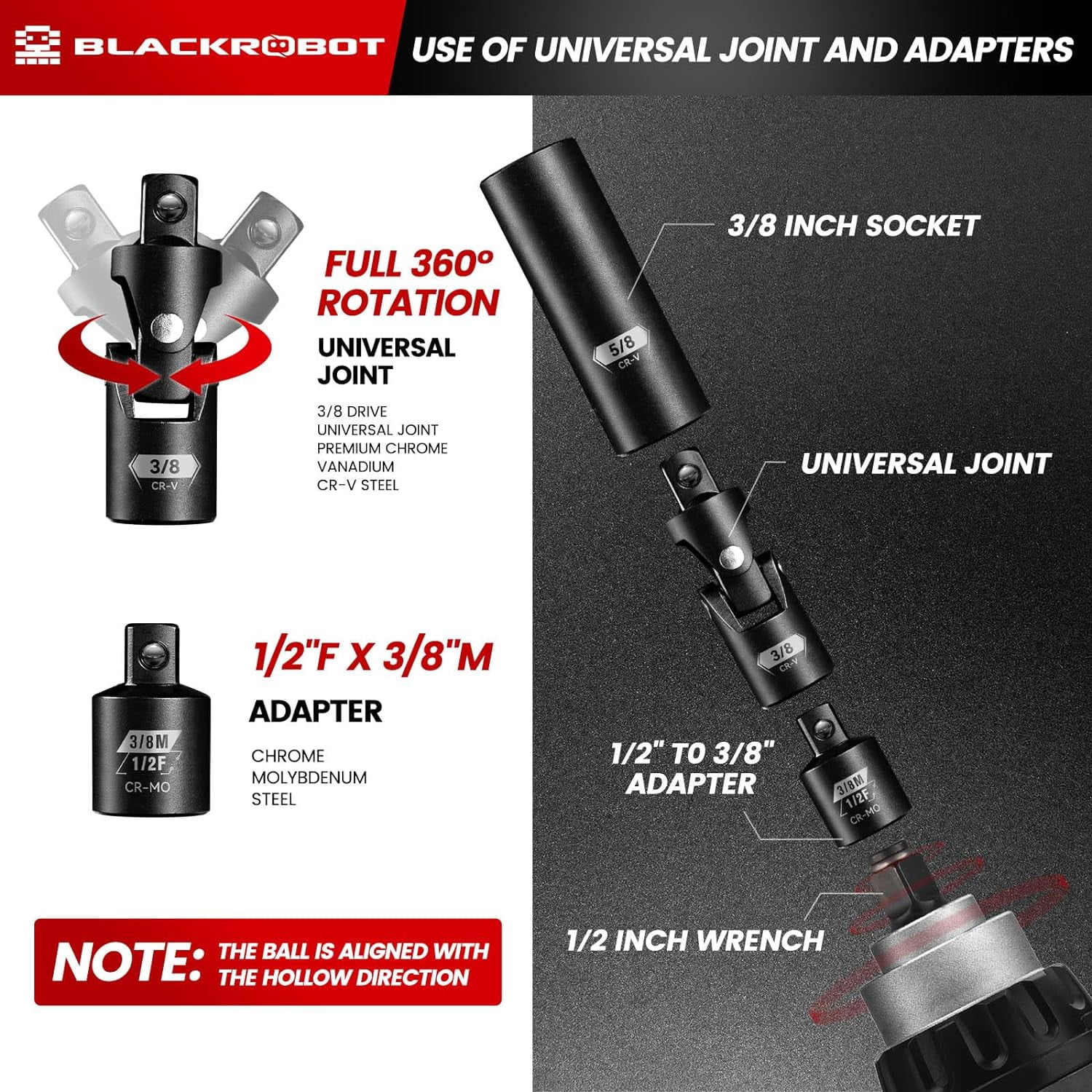 3/8" Drive Impact Socket Set, 45 Pieces Standard SAE (1/4" to 3/4") and Metric (6-22 mm), 6 Point, 72-Tooth Ratchet Handle, 6" Extension Bar, Adapters, Universal Joint, Spark Plug Socket