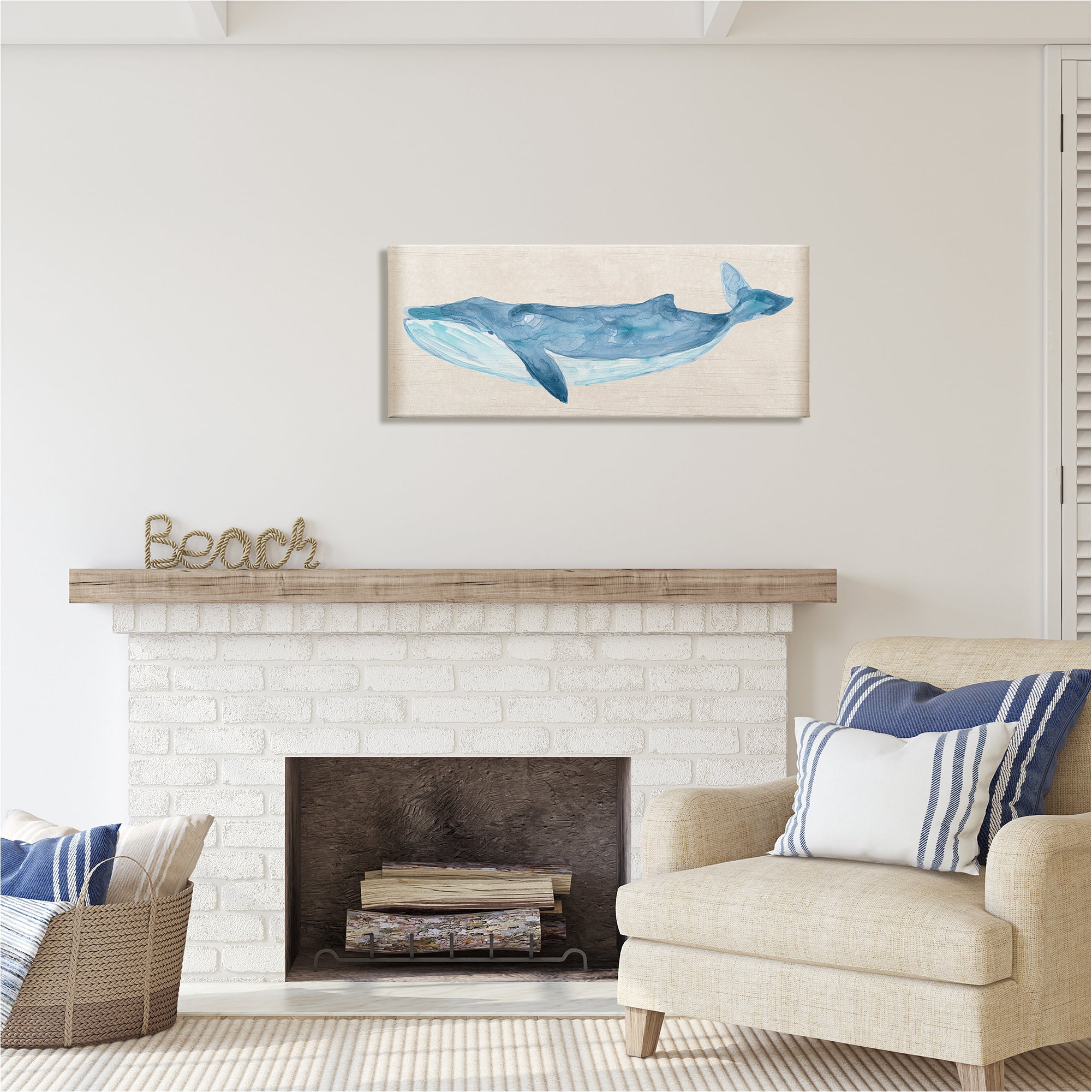 Stupell Industries Whale on Beige Animals & Insects Painting Gallery Wrapped Canvas Art Print Wall Art, 40 x 17