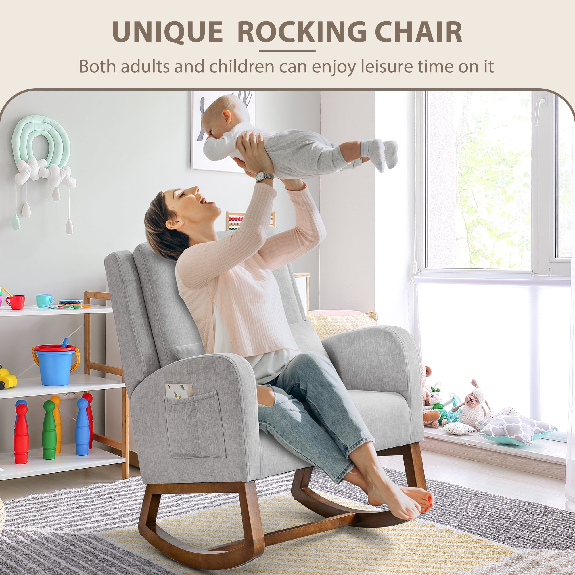 Nursery Rocking Chair, Indoor Upholstered Rocking Chair for Living Room, Modern Glider Rocker Chair w/Pillow, High Back Padded Seat Side Armchair (Grey)