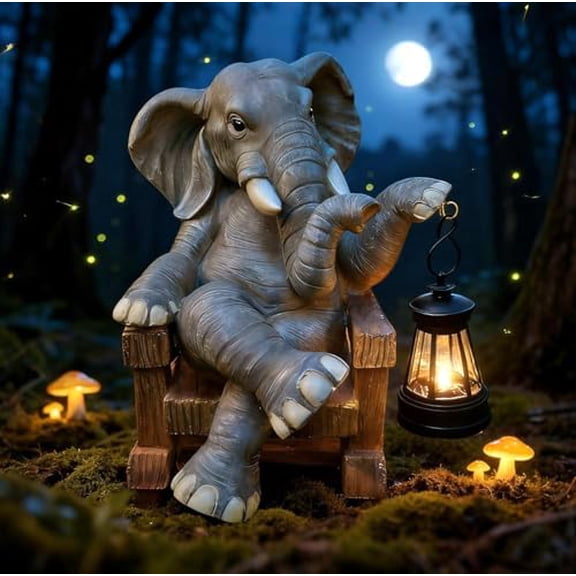 Elephant on Rocking Chair Garden Statue with Solar Light,Outdoor Decor Sculpture for Patio,Porch, Yard,Lawn & Home Outside | 7.68" Resin Figurine Ornament Gift for Women and Mom